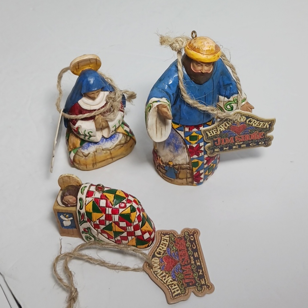 Jim Shore Hearthwood Creek For Enesco Nativity Joseph Mary Baby Jesus Ornaments